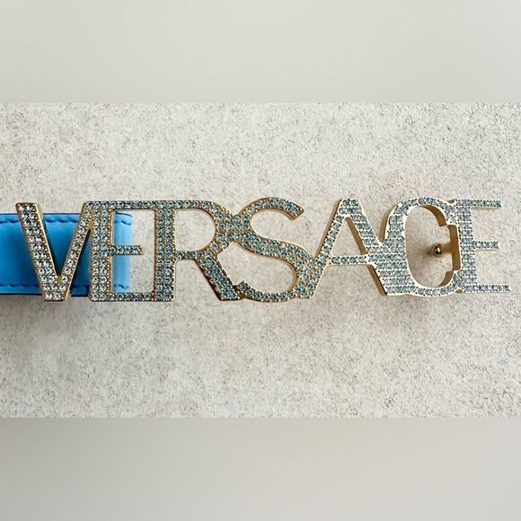 Versace Logo Plaque Crystal Belt Blue Size 90 NWT